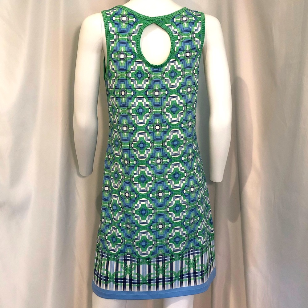 Max Studio, Blue Green Geometric Print Shift Dress with Open Back, NWT Size S